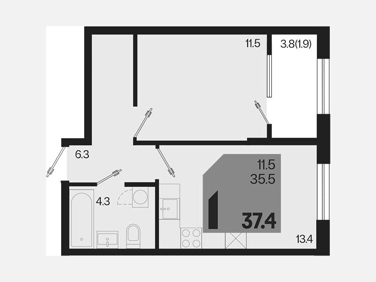 1-комнатная квартира, 37.40 м², 2/18 этаж фото 0
