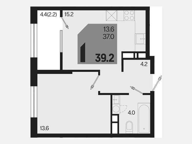 2-комнатная квартира, 39.20 м², 10/18 этаж фото 0