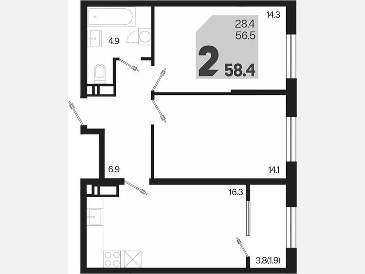 3-комнатная квартира, 58.40 м², 16/18 этаж фото 0