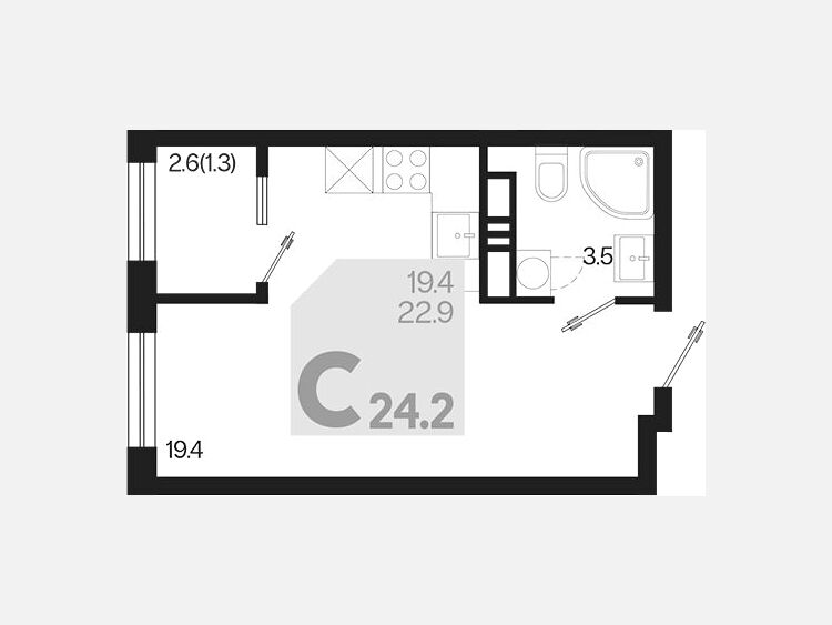 Студия, 24.20 м², 15/18 этаж фото 0
