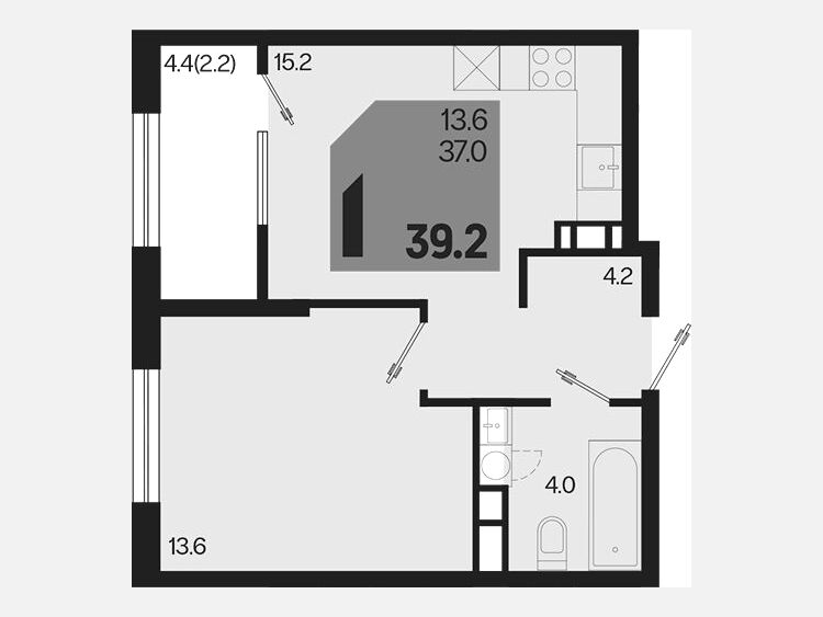 2-комнатная квартира, 39.20 м², 18/18 этаж фото 0