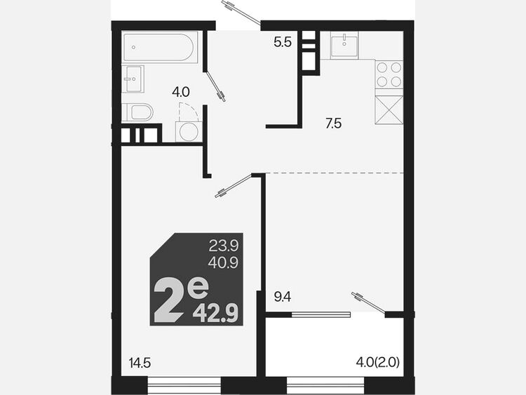 2-комнатная квартира, 42.90 м², 4/9 этаж фото 0