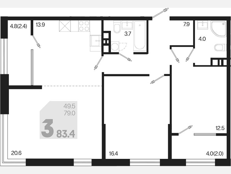 3-комнатная квартира, 83.40 м², 6/9 этаж фото 0